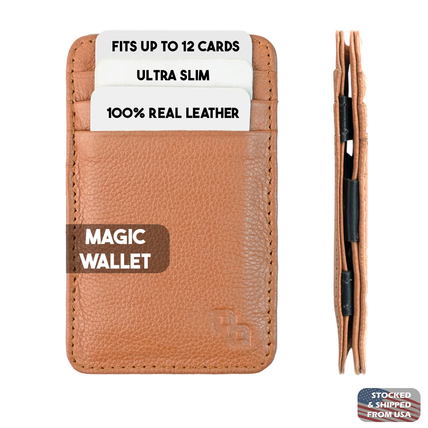Men’s premium genuine leather wallet with slim, stylish design; features magic card holder mechanism, multiple card slots, spacious bill compartment, and elastic band for secure storage