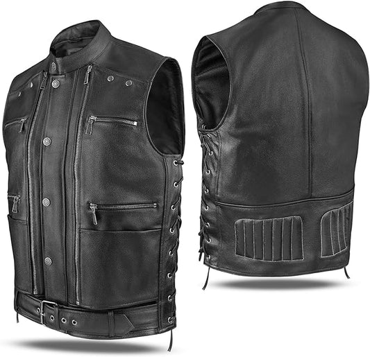 Mens Leather Vest Black - Finest Cow Leather Vest Men Motorcycle - Adjustable Sides Leather Motorcycle Vests For Men