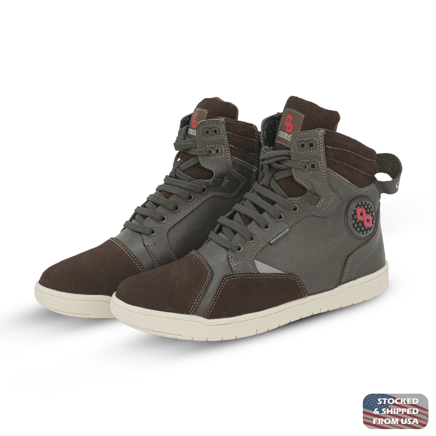 Brown men’s motorcycle boots crafted from premium cowhide leather and suede, with ankle protection, non-slip rubber sole, breathable and water-repellent design; combines rugged durability with everyday style