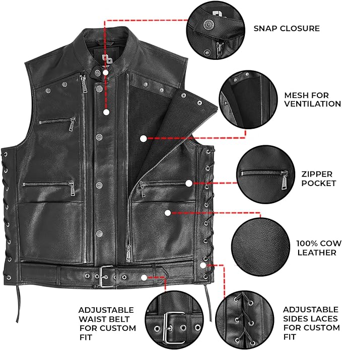 Mens Leather Vest Black - Finest Cow Leather Vest Men Motorcycle - Adjustable Sides Leather Motorcycle Vests For Men