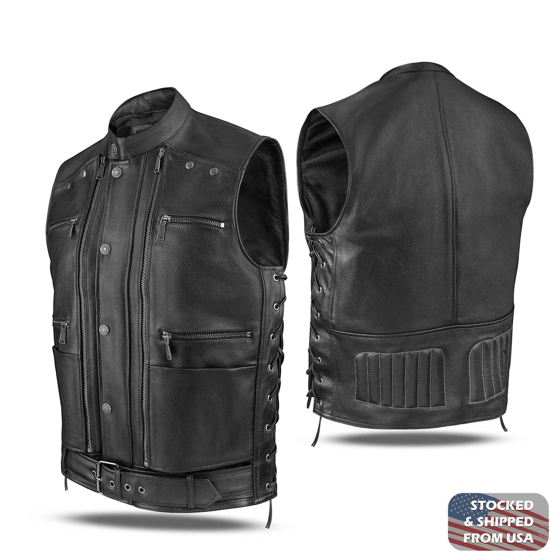 100 % genuine cow leather jacket with air‑control flaps for temperature regulation; features 12 pockets including 2 concealed gun pockets; adjustable fit with leather side strings and waist belt; lined with Cordura and breathable mesh for comfort and durability