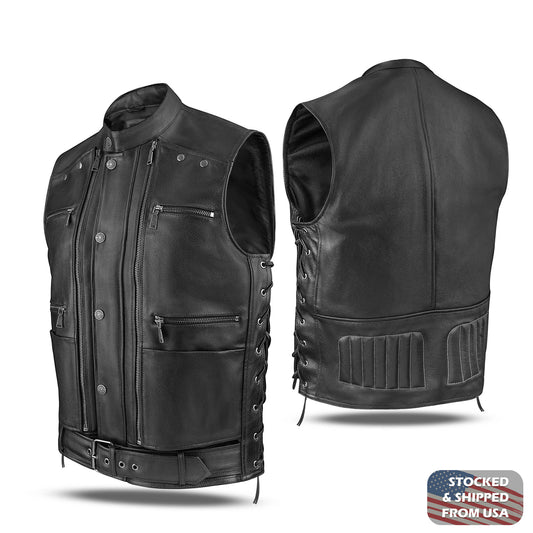 100 % genuine cow leather jacket with air‑control flaps for temperature regulation; features 12 pockets including 2 concealed gun pockets; adjustable fit with leather side strings and waist belt; lined with Cordura and breathable mesh for comfort and durability