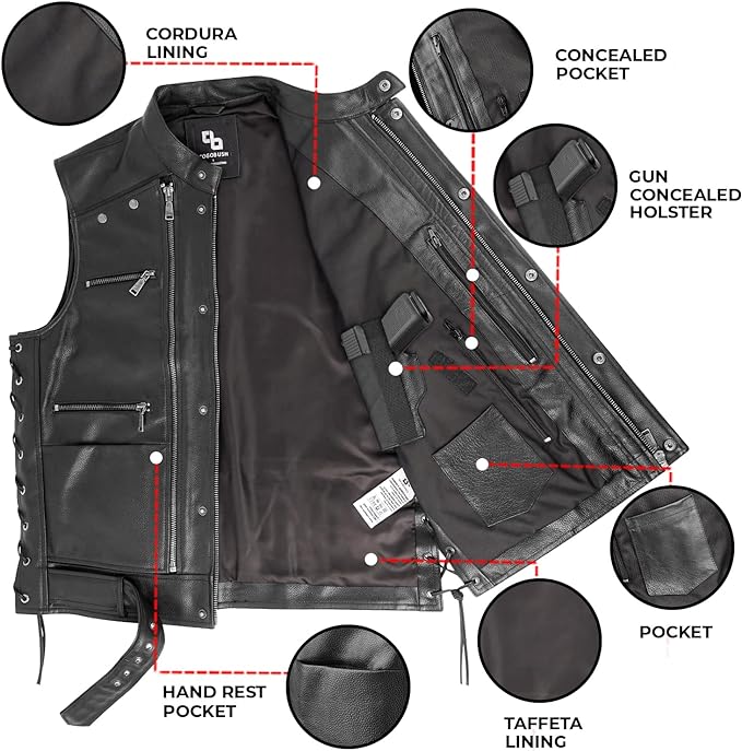 COGOBUSH Black Men’s Genuine Cowhide Motorcycle Vest – Concealed Carry, 12 Pockets, Adjustable Fit
#COGOBUSH #MensMotorcycleVest #CowhideLeather #BlackLeatherVest #ConcealedCarryVest #MotorcycleGear #BikerStyle #LeatherVest