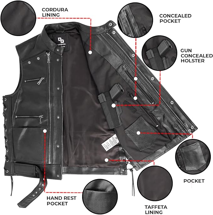 Mens Leather Vest Black - Finest Cow Leather Vest Men Motorcycle - Adjustable Sides Leather Motorcycle Vests For Men