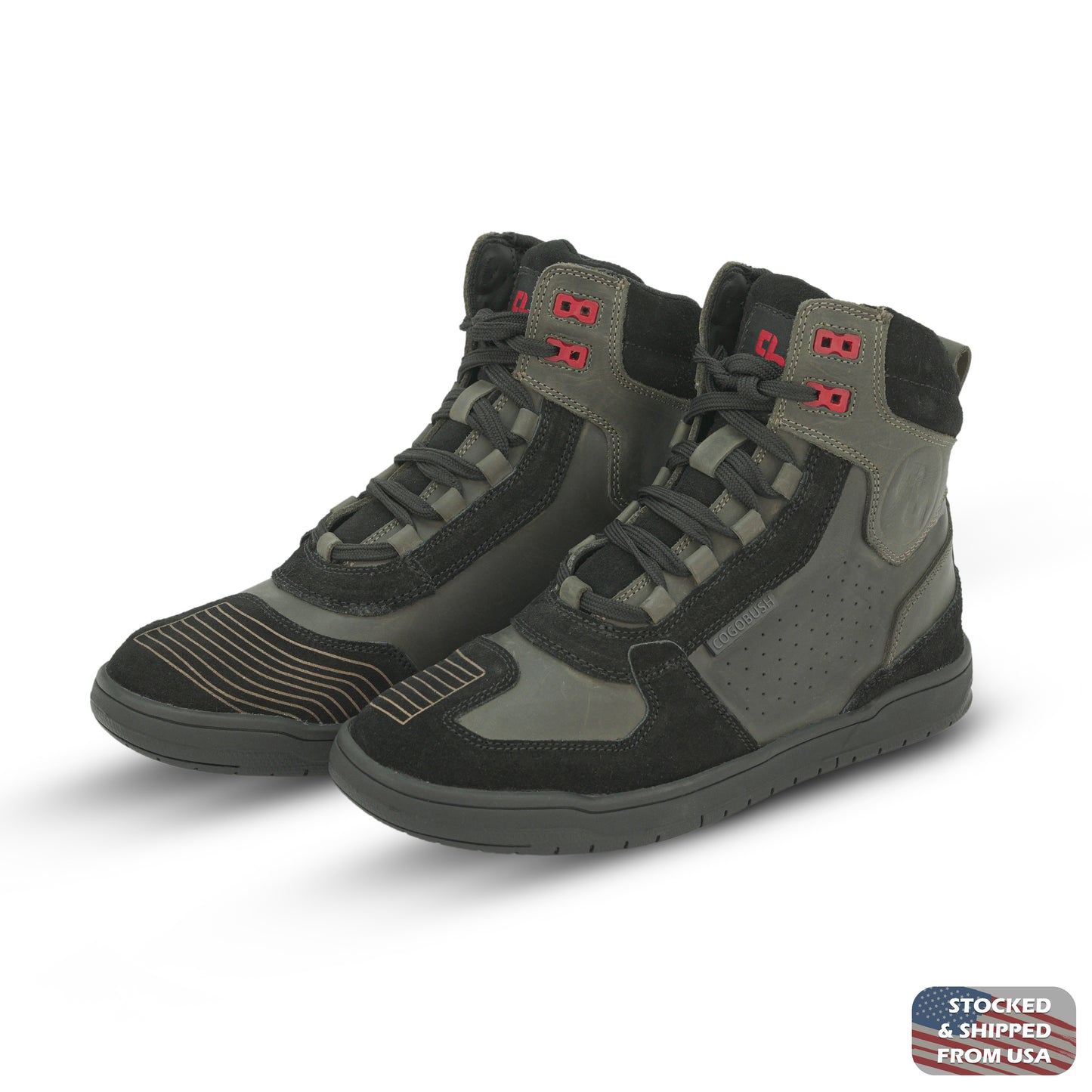 Black motorcycle boots for men made from cow crazy horse leather and split suede; feature ankle protection, slip-resistant rubber sole, breathable perforations, and water-repellent coating for all-weather comfort and durability