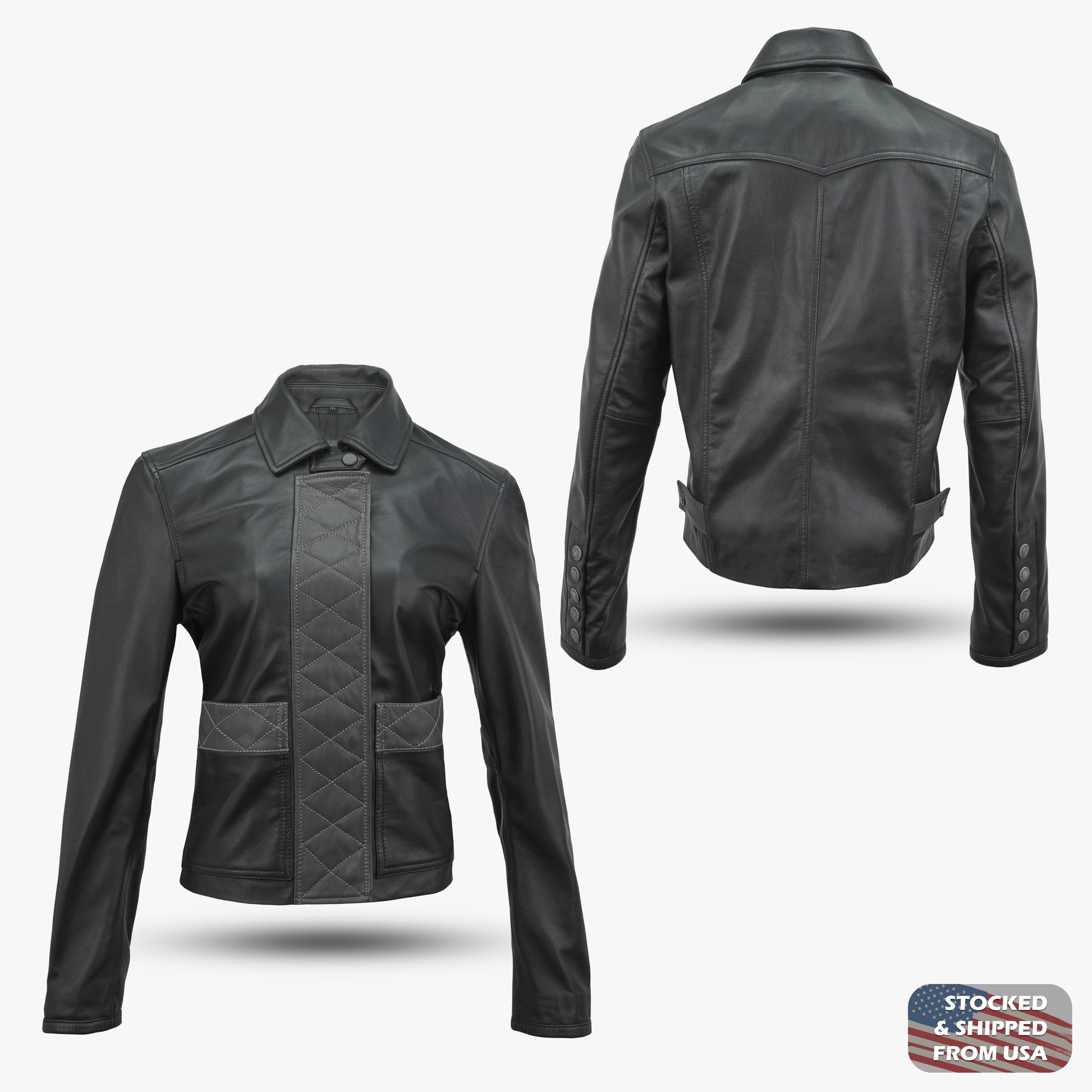 Black women's leather jacket by COGOBUSH, made from premium sheep leather; stylish, functional, and suitable for fashion or motorcycle wear