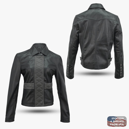 Black women's leather jacket by COGOBUSH, made from premium sheep leather; stylish, functional, and suitable for fashion or motorcycle wear