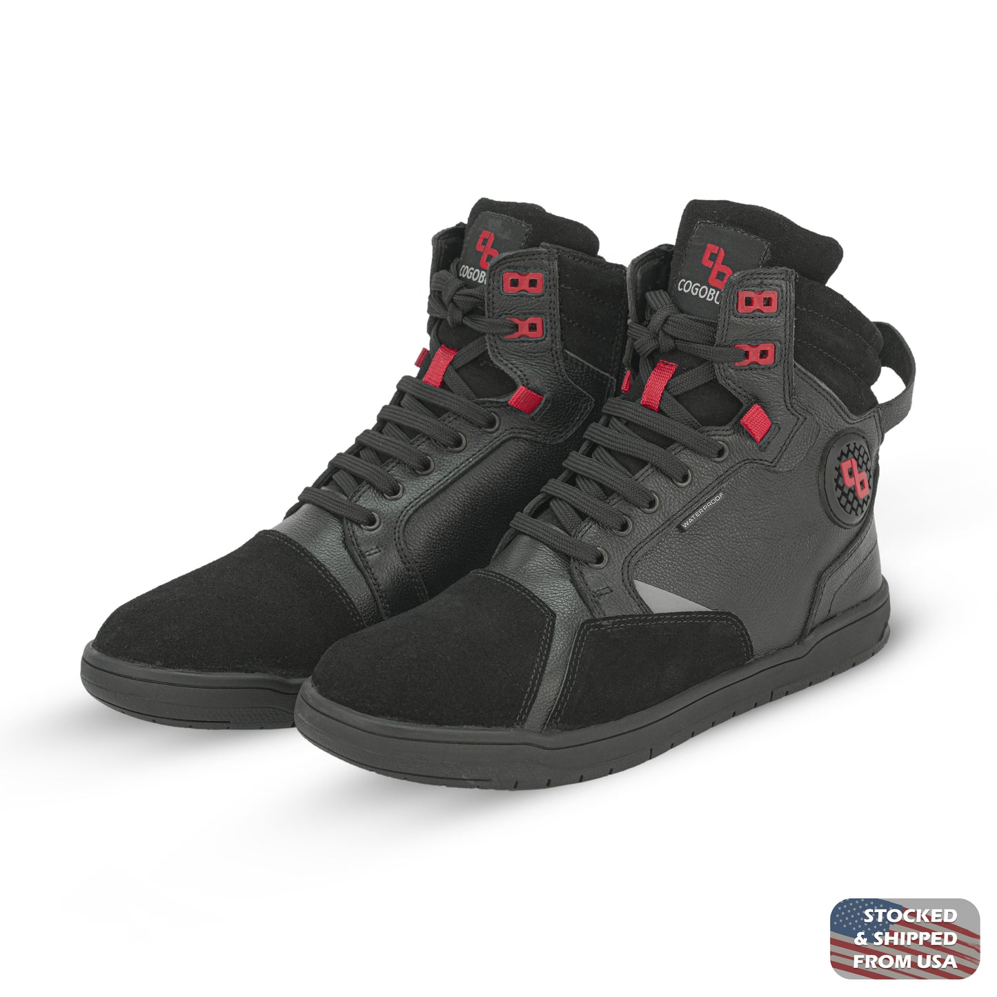 Black men’s motorcycle boots made from durable cow milled grain leather and suede, featuring ankle guards, slip-resistant rubber sole, breathable and water-resistant finish; sleek design suitable for both riding and casual wear