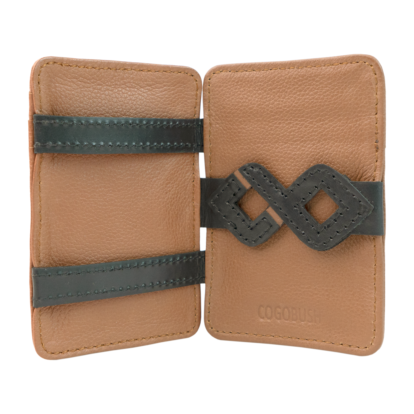 Men’s premium genuine leather wallet with slim, stylish design; features magic card holder mechanism, multiple card slots, spacious bill compartment, and elastic band for secure storage