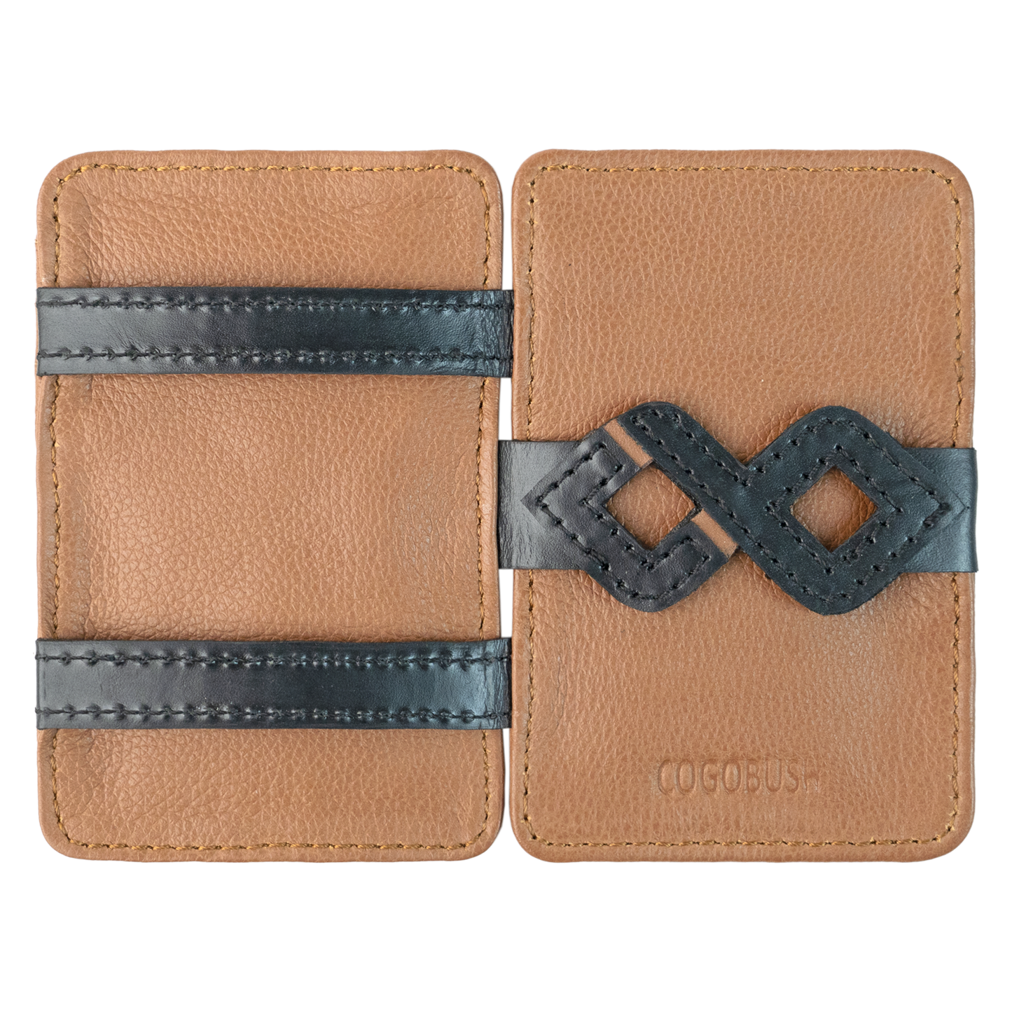 Men’s premium genuine leather wallet with slim, stylish design; features magic card holder mechanism, multiple card slots, spacious bill compartment, and elastic band for secure storage