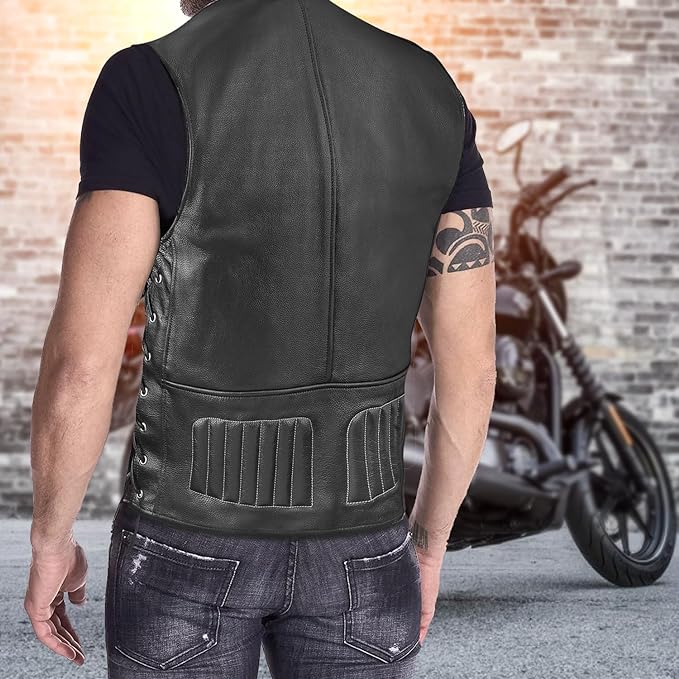 Mens Leather Vest Black - Finest Cow Leather Vest Men Motorcycle - Adjustable Sides Leather Motorcycle Vests For Men