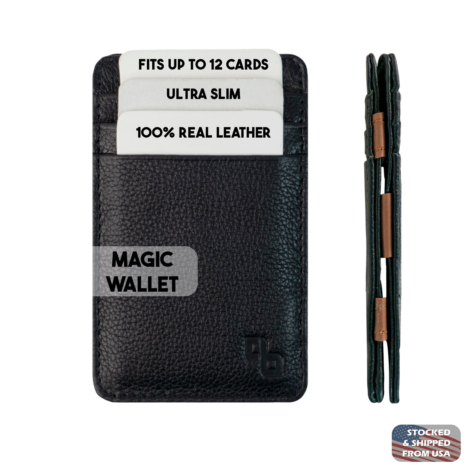 Slim men’s wallet made from premium genuine leather, featuring multiple card slots, spacious bill compartment, magic card holder mechanism, and elastic band for secure, stylish, and functional everyday use