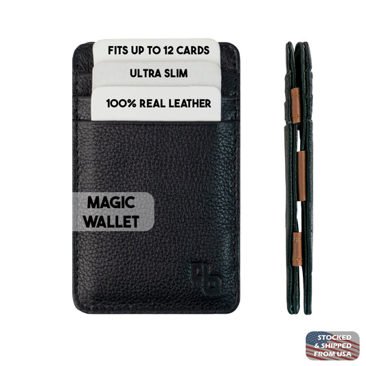 Slim men’s wallet made from premium genuine leather, featuring multiple card slots, spacious bill compartment, magic card holder mechanism, and elastic band for secure, stylish, and functional everyday use