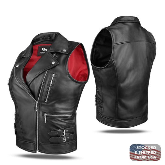 Black / brown jacket made of 100% genuine sheep leather with red taffeta lining; concealed‑carry design with built‑in holster and trigger guard protection; multiple pockets and adjustable side straps; soft, durable, and stylish for riding, casual use, or parties