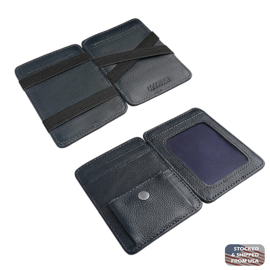 Men’s minimalist leather wallet crafted from premium leather with durable 3-ply stitching, thin and lightweight design, and a rich aging effect that enhances texture over time