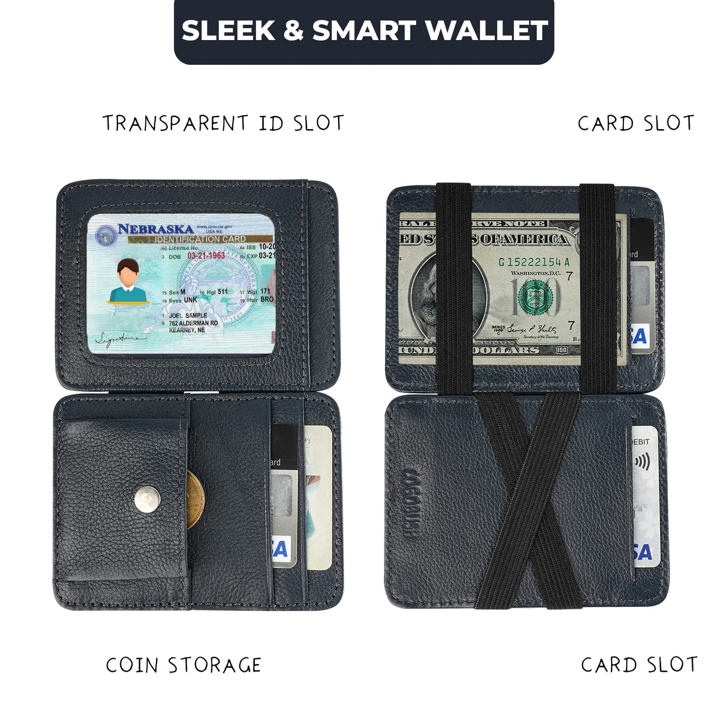 Leather Magic Wallet (Navy Blue) - Slim Unisex Wallet with Coin Pocket & ID Card Slot for Men & Women