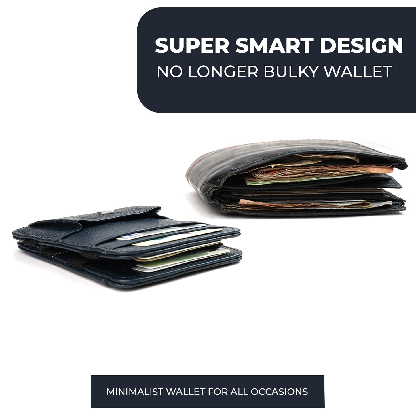 Leather Magic Wallet (Navy Blue) - Slim Unisex Wallet with Coin Pocket & ID Card Slot for Men & Women